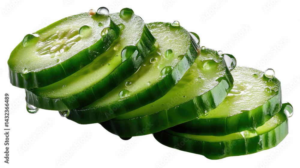 Poster cucumber slices with dew drops: a refreshing image of sliced cucumbers with dew drops glistening on 