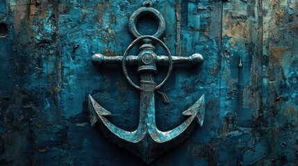 Weathered anchor on textured blue background, nautical theme, wall decor