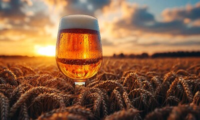 A golden beer glass sits in a wheat field at sunset, capturing the warm glow of the evening