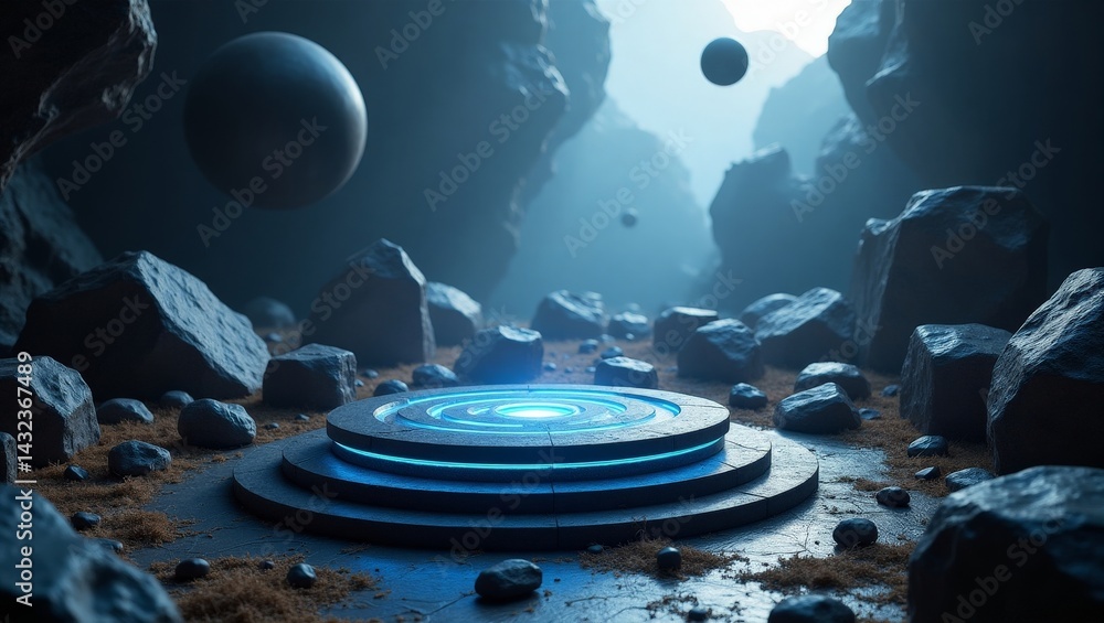Poster mystical portal scene with glowing platform and floating spheres in a rocky environment