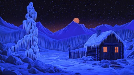Enchanted Winter Cabin Under a Glowing Moon