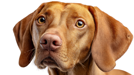 Intriguing Gaze of a Vizsla: A close-up portrait of a Vizsla with intense golden eyes and a serious expression, looking directly at the camera.