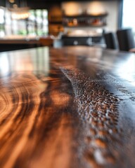Obraz premium A close-up view of the rich, textured wood surface on top of a rustic table, showcasing intricate grain patterns, warm tones, and subtle knots that highlight its natural beauty.