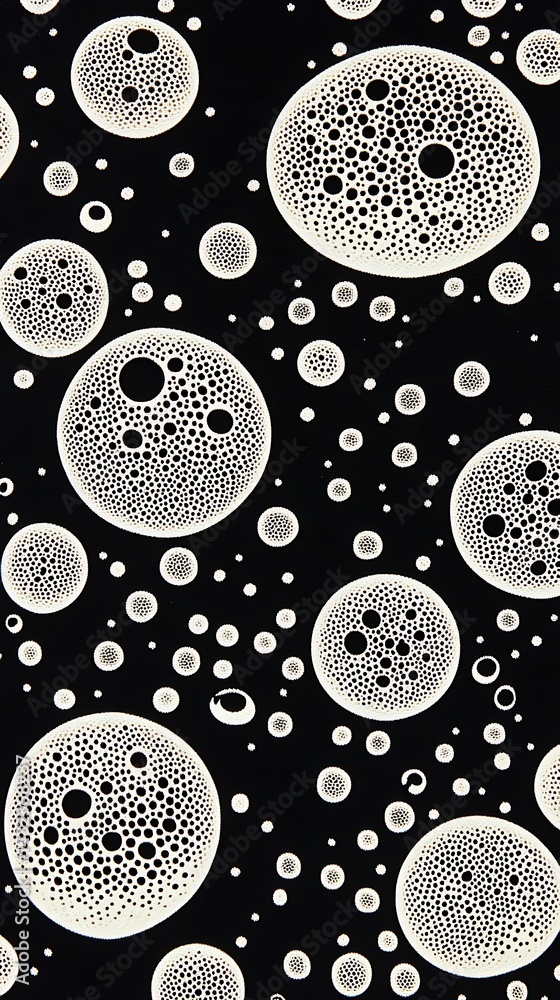 Poster abstract spheres arrangement with intricate dot patterns on dark background