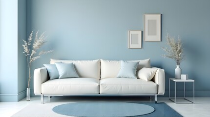 Fototapeta premium A minimalist side table arrangement, abstract décor, and a comfortable white sofa characterise this modern living room in calm blue tones.