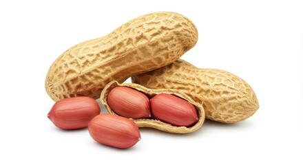 A close up view of peanuts in their shells and some shelled peanuts on a white background