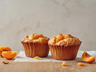 Golden apricot muffins with apricot chunks peeking from the surface, on crinkled parchment over a light wooden board.
