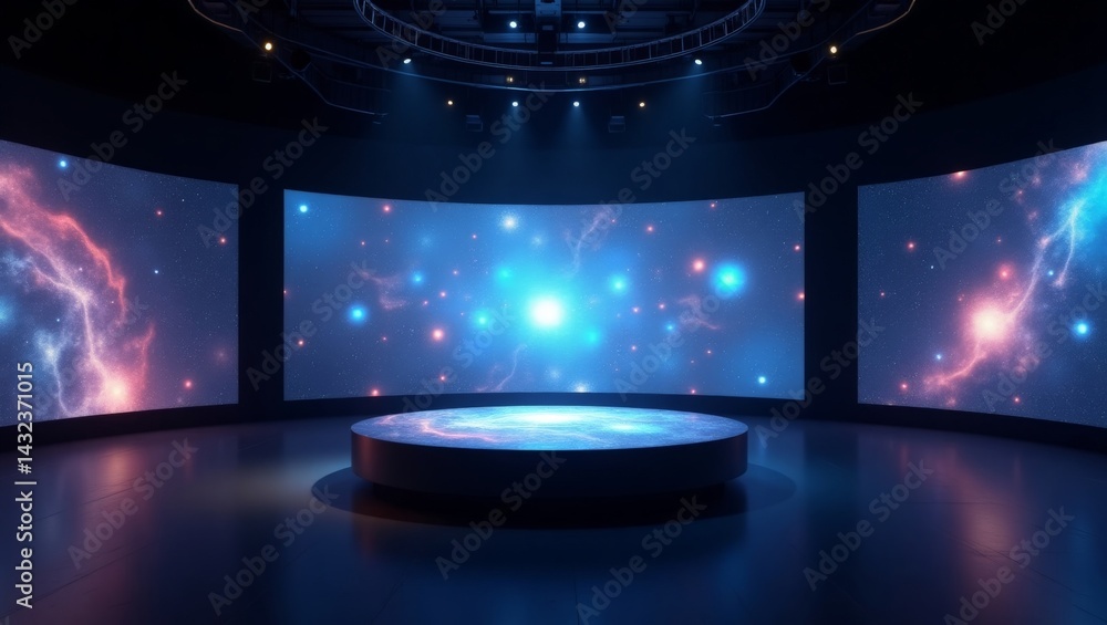 Poster futuristic stage with celestial display and illuminated podium for presentations