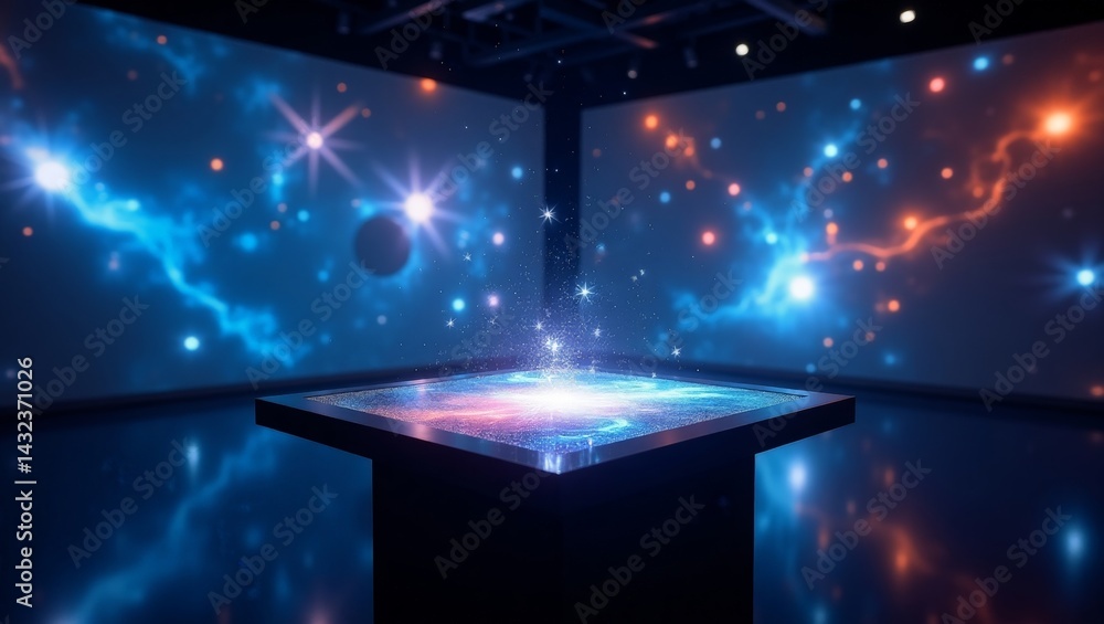 Poster cosmic portal and starry display within a futuristic and abstract room