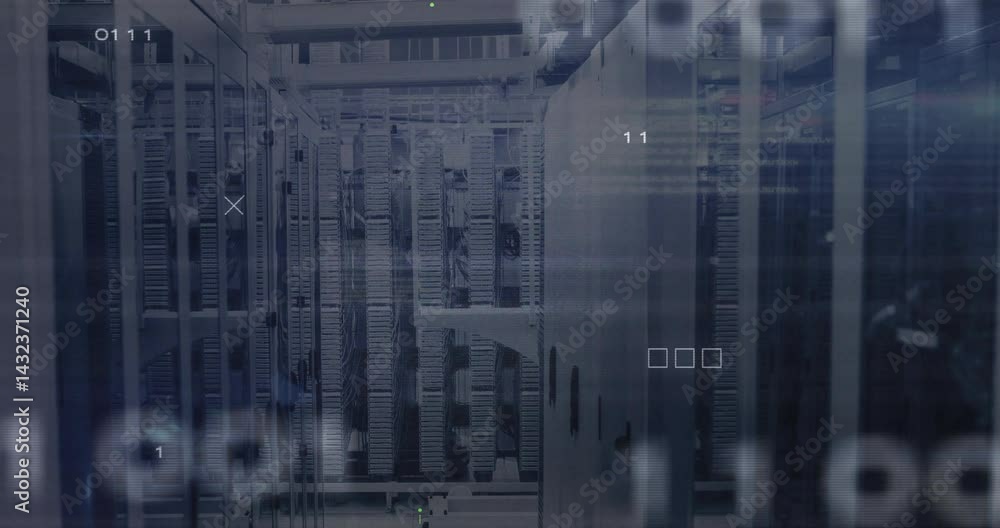 Poster server racks showing neat cable trays and patch panels, floating binary digits dancing around scene
