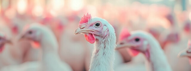 A close-up of a turkey amidst a flock, showcasing its features and environment.