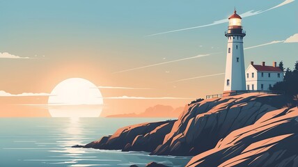 Minimalist vector art of a lighthouse on a cliff, soft lighting, and a peaceful seaside view