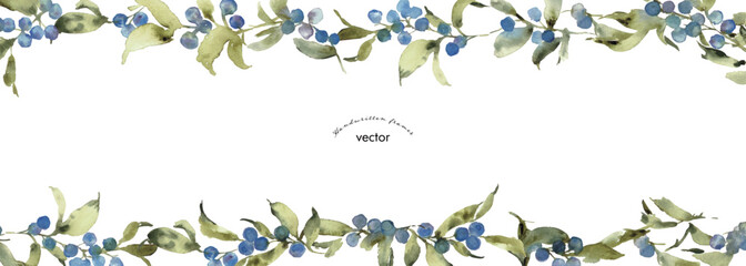 水彩画。水彩タッチのブルーベリーイラスト。ブルーベリーと緑の植物のベクター背景。夏。Adobe Stock_template_5_3Watercolor painting. Blueberry illustration with watercolor touch. Blueberry and green plants vector background. Summer.