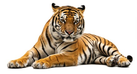 Obraz premium A bengal tiger resting on a white background with its paws outstretched and a focused gaze ahead