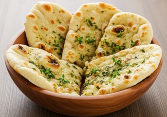 A wooden bowl filled with several pieces of naan bread topped with fresh herbs on a table surface