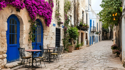 Picturesque, stone-paved alleyway, adorned with vibrant bougainvillea and cafe seating.