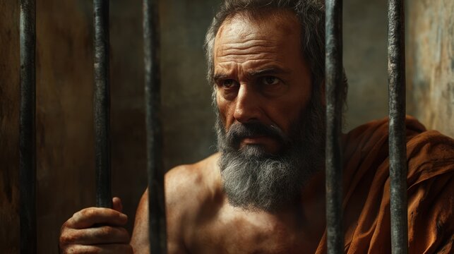 Man in captivity behind bars with an expressive face conveying a somber mood