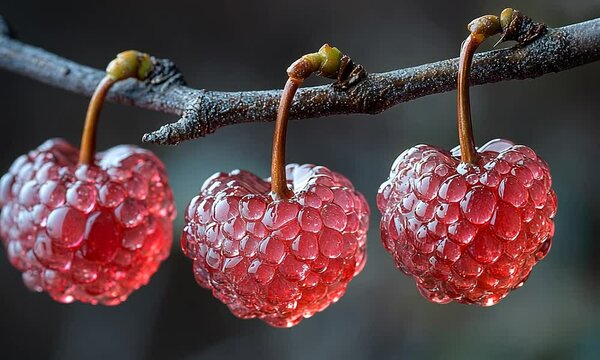 Close-up of vibrant, dew-covered raspberries hanging on a branch in a serene natural setting