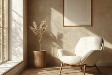 A white chair sits in front of a window with a potted plant in front of it. The room is well lit and has a clean, minimalist look