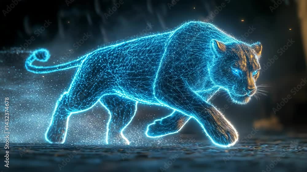 Poster digitally rendered feline predator with a glowing blue, geometric network design in dynamic walking 