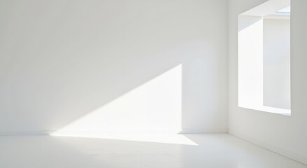 Bright minimalist room with natural light, empty white walls and floor, ideal for modern interior design concepts, peaceful ambiance.use for mockup