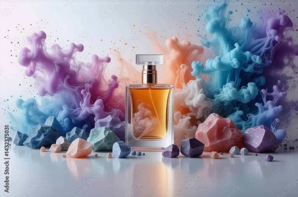 Aufkleber a perfume bottle stands amidst a vibrant explosion of colorful ink and pastel stones, creating a vis
