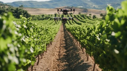Drone Flying Over Vineyard Row