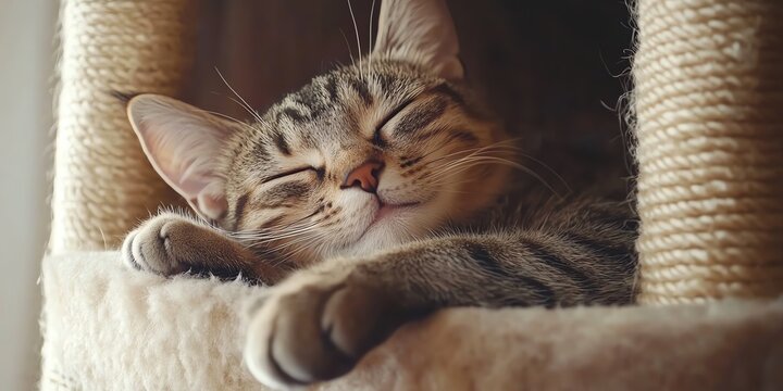 Sleeping Tabby Cat Cozy Cat Tree Nap