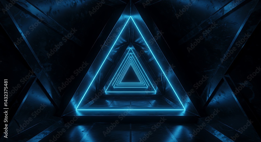 Poster futuristic sci fi triangle metal structure tunnel corridor hyper cyber virtual blue glowing virtual 