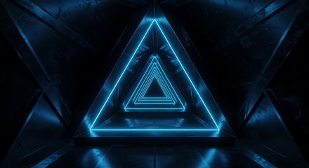 Obraz premium Futuristic Sci Fi Triangle Metal Structure Tunnel Corridor Hyper Cyber Virtual Blue Glowing Virtual Dark Spaceship Modern Infinity Loop 3d Rendering