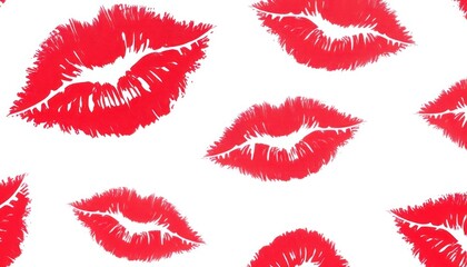 Red lipstick kiss prints on white background