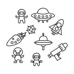 Cute Alien Space Icons Cartoon UFO, Rocket, and Astronauts
