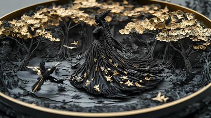 Fototapeta premium Detailed black and gold sculpted forest scene with a figure.
