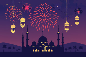 A majestic mosque silhouette dramatically backlit by vibrant fireworks and glowing lanterns during a nighttime celebration.  Capture the interplay of light and shadow.