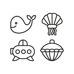 Cute Ocean Animal Icons Whale, Shell, Jellyfish, Submarine