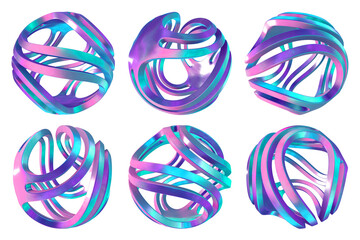 Set of 6 abstract 3D geometric spheres – Futuristic iridescent metallic design elements with transparency for compositing.