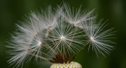 Fototapeta premium Delicate Dandelion Seed Head Featuring Radial Symmetry Against Muted Green Backdrop