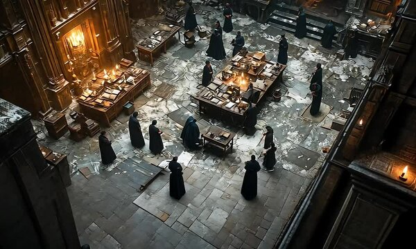 Ancient order meeting in a grand hall