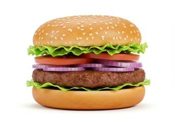 A close up shot of a burger with lettuce tomato onion and a sesame seed bun on a white background