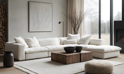 Modern home living room with pouf and side table near white couch and fireplace against minimalist wall decor


