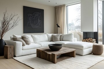 Fototapeta premium Modern home living room with pouf and side table near white couch and fireplace against minimalist wall decor