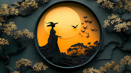 Fototapeta premium Ornate paper cut-out of a mystical figure under a golden moon.