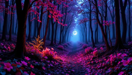 Enchanted Forest Path with Pink Blossoms and Moonlight
