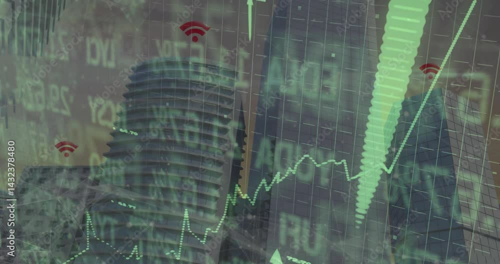 Aufkleber green upward arrow and dotted line chart floating over cityscape, showing data and wi?fi icons