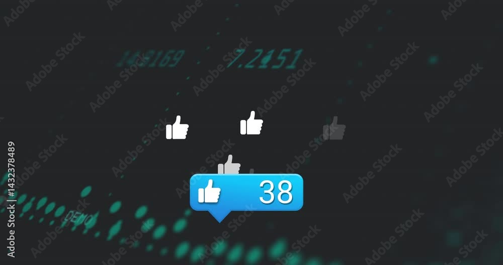 Poster floating thumbs-up icons moving across dark digital interface, displaying blue count bubble 47