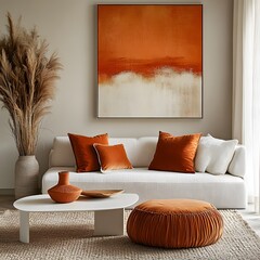 Modern minimalist living room 2025 with beige fabric sofa and bright orange accent pillows in stylish home interior
