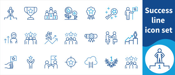 Success line icon set, handshake, career, conference, friendship, idea, seminar, project, hour, office, employee, network, solution, member, people, plan, together, group and m.ore