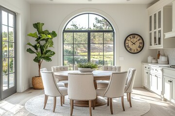Fototapeta premium Round dining table with six chairs, circular light grey rug, tall fiddle-leaf fig plant, and arched window, in a symmetrical and naturally lit room.
