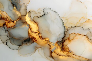Gold luxury ink and watercolor textures on white paper background. Paint leaks and ombre effects. Textured gold abstract painting. Luxurious golden abstract art. Abstract gold art. Dripping gold paint