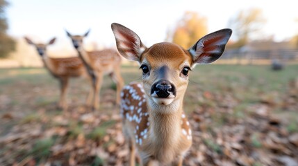 Fototapeta premium A curious baby deer with white spots looking directly at the camera in a grassy meadow, two other deer in the background, and soft focus and natural light.